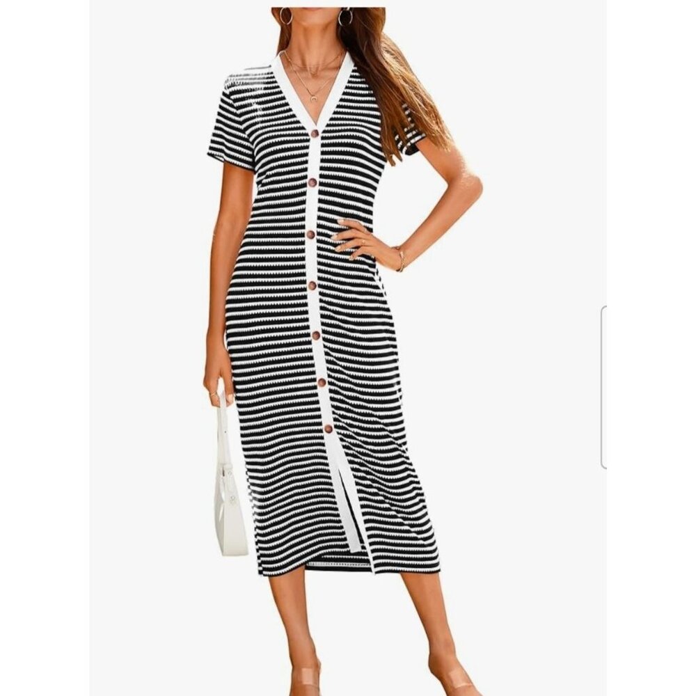 BTFBM Womens Casual Midi Dress Med Short Sleeve Striped Ribbed Knit Button